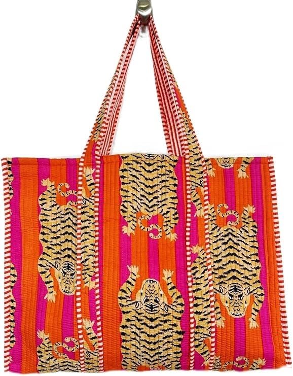 Image of YILLE Women Handblock Lightweight Travel Bag Purse Cotton Shoulder Tote Bag For Shopping Grocery & Beach Bag