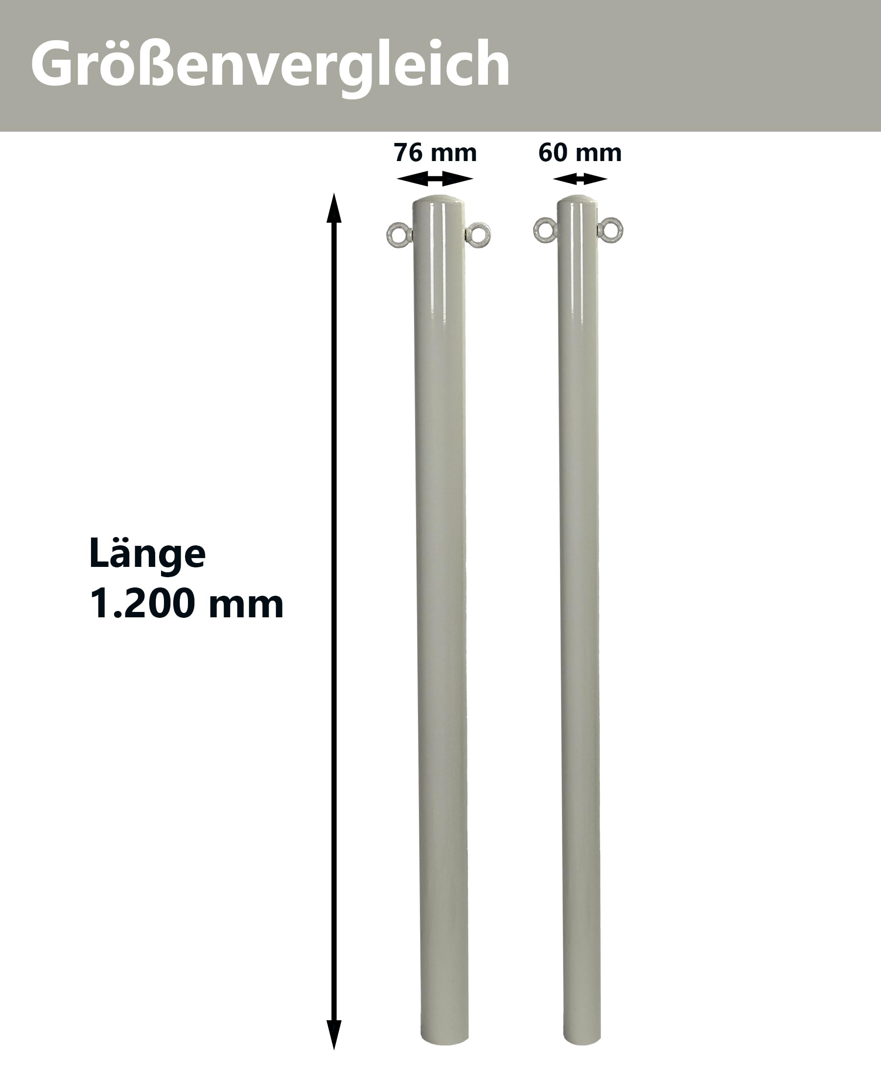 UvV SteelOn ABSPERRPFOSTEN aus Stahlrohr ø 60x2,5mm, mit 2 Ösen, lose herausnehmbar mit Bodenhülse (kein Verschlussmechanismus)