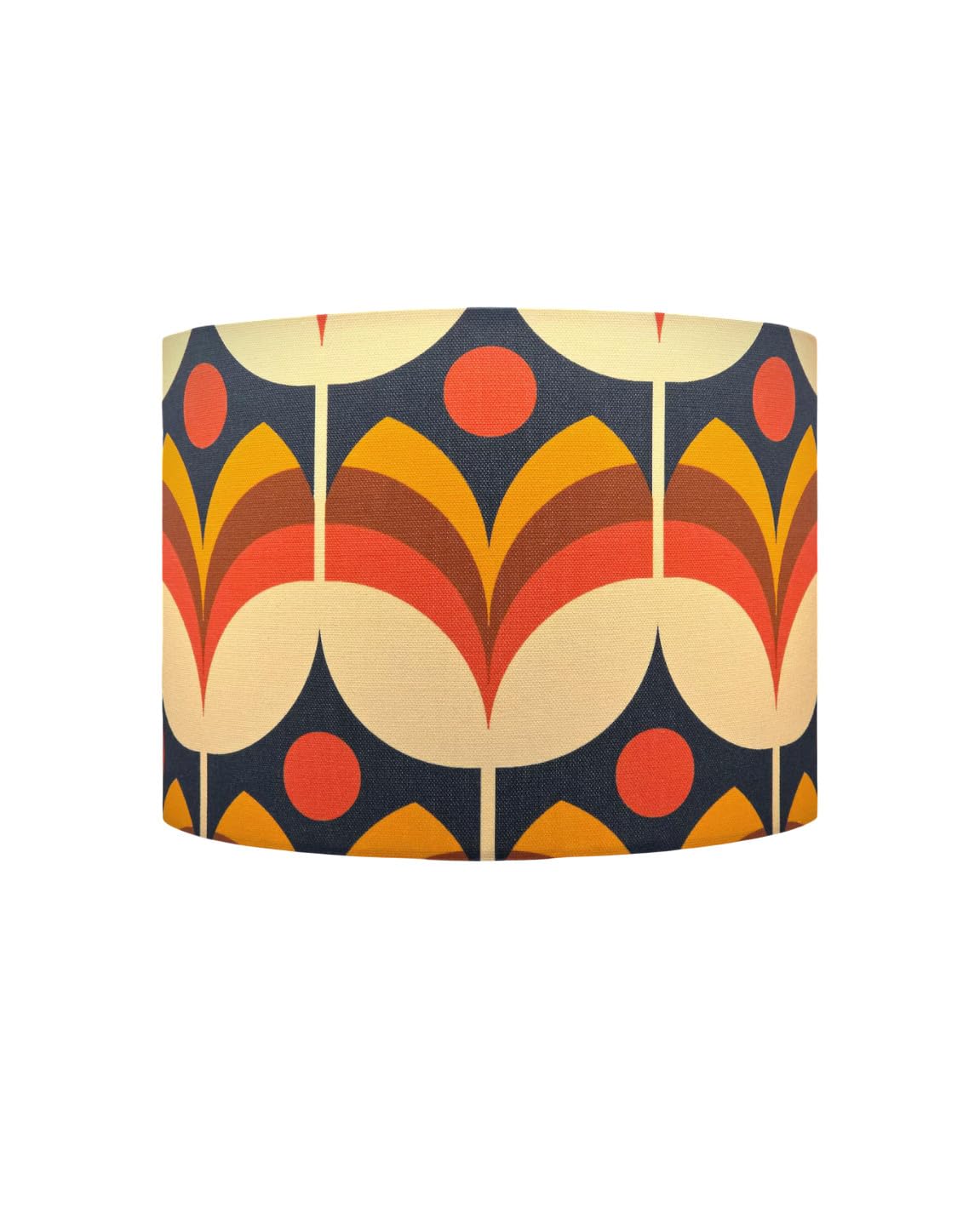 Mid-Century Modern Drum Lampshade – Retro Orange Mustard Floral & Geometric Print (Medium (30cm Diameter), Table/Floor Lampshade)