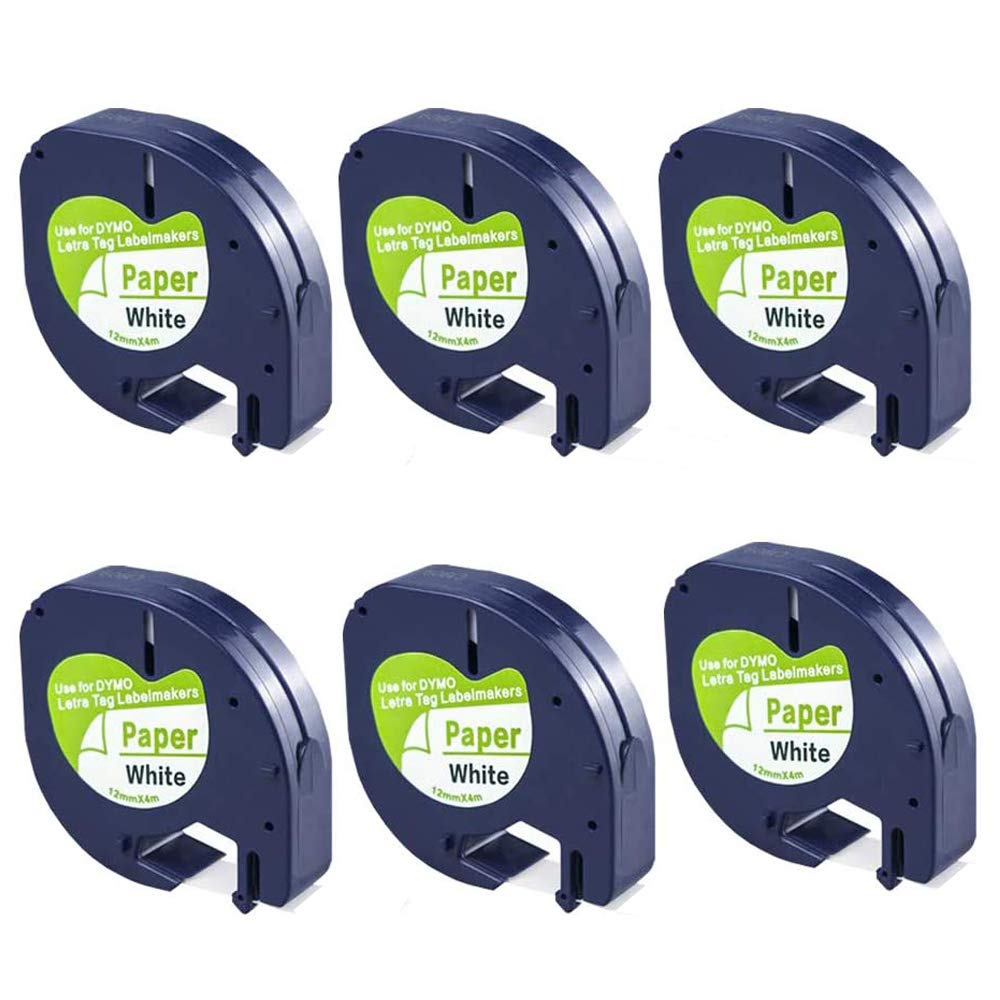 FlyLong6pack Compatible Label Tape Replacement for DYMO Letratag 91330 Paper Refills 12mm x 4m (1/2 Inch x 13 Feet) Black on White Label Tapes 10697 for DYMO LetraTag Plus LT100H LT100T Label Makers