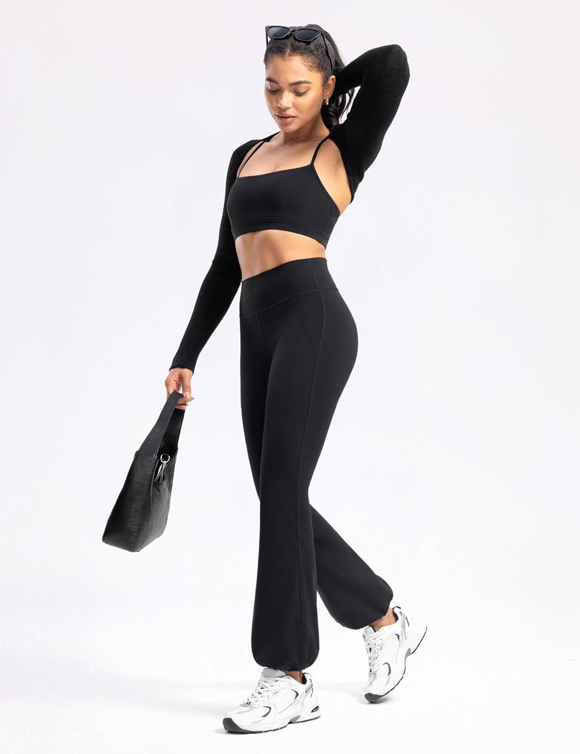 POSHDIVAH Women's Creamluxe Flare Leggings High Waisted Yoga Workout Lounge Pants Cuffed Hem Sweatpants with Pockets - Image 5