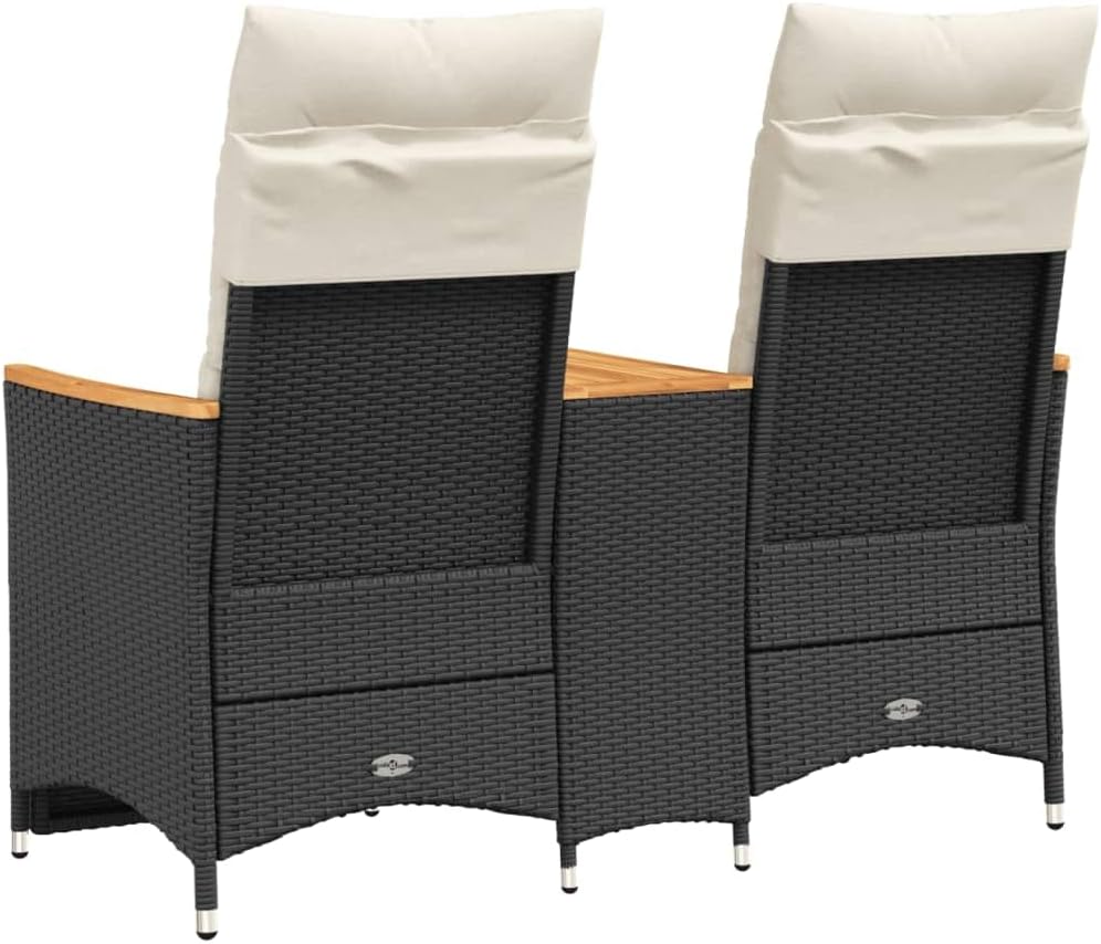 2-Seater Reclining Garden Sofa with Integrated Center Table, Adjustable Backrest Patio Loveseat, Outdoor Poly Rattan Furniture for Balcony, Black