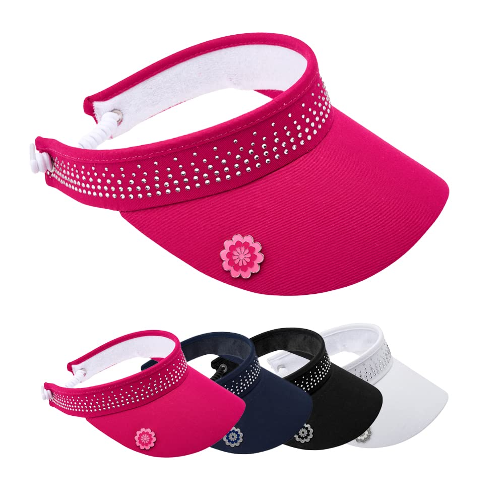Surprizeshop Women's Hot Pink Golf Embellished Crystal Visor | Telephone Wire | Built In Magnet | Hand Enamelled 25Mm Ball Marker | Rigid Peak | Multiple Colours | Golf Visor | Tennis Visor (Hot Pink)