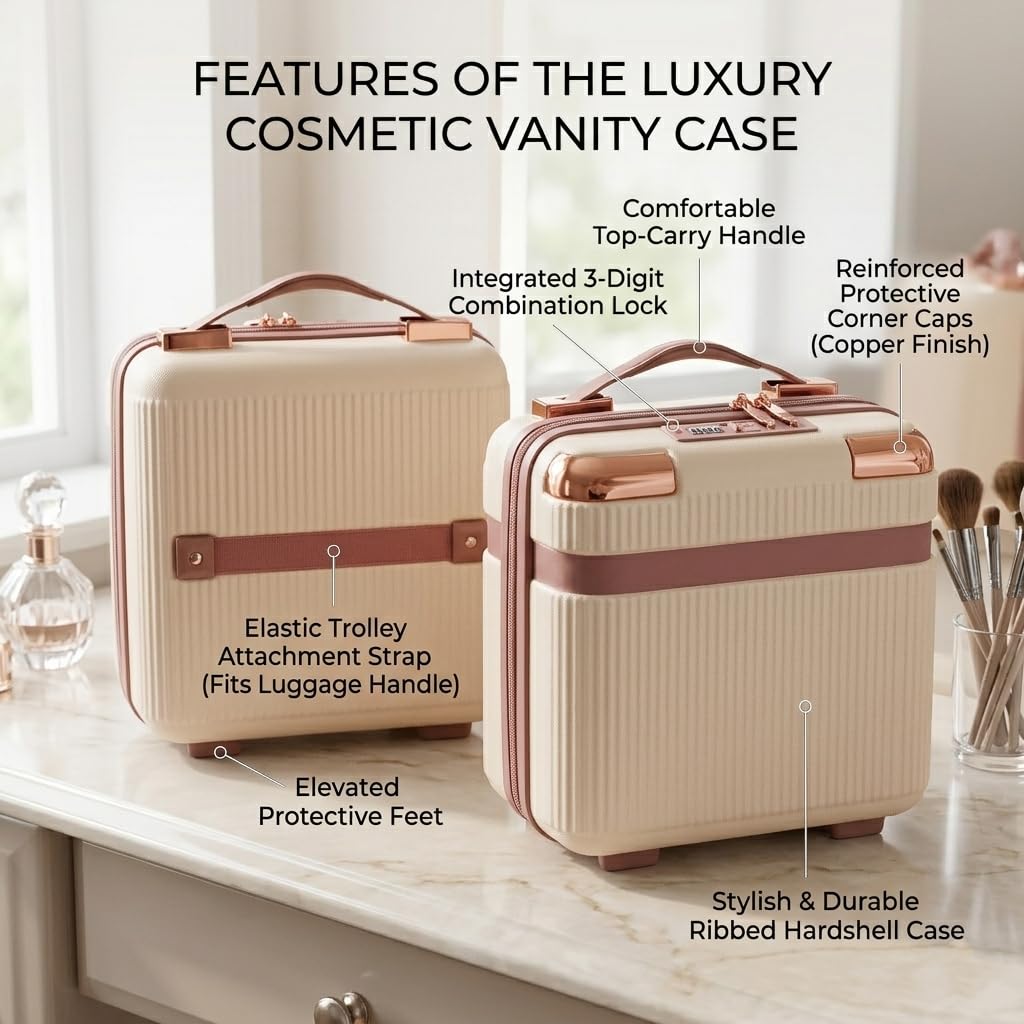 Adson Travel Make up Train Case, Waterproof Portable Hard Shell Cosmetic Case Luggage Mini Suitcase Makeup Brushes Bag Toiletry Organizer Portable Makeup Carrying Case (Cream with Gold Touch) 1
