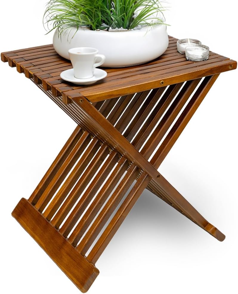 Teak Foldable Coffee Table, Wooden Seat Stool for Bathroom, Spa, Garden, Fully Assembled, The Vera