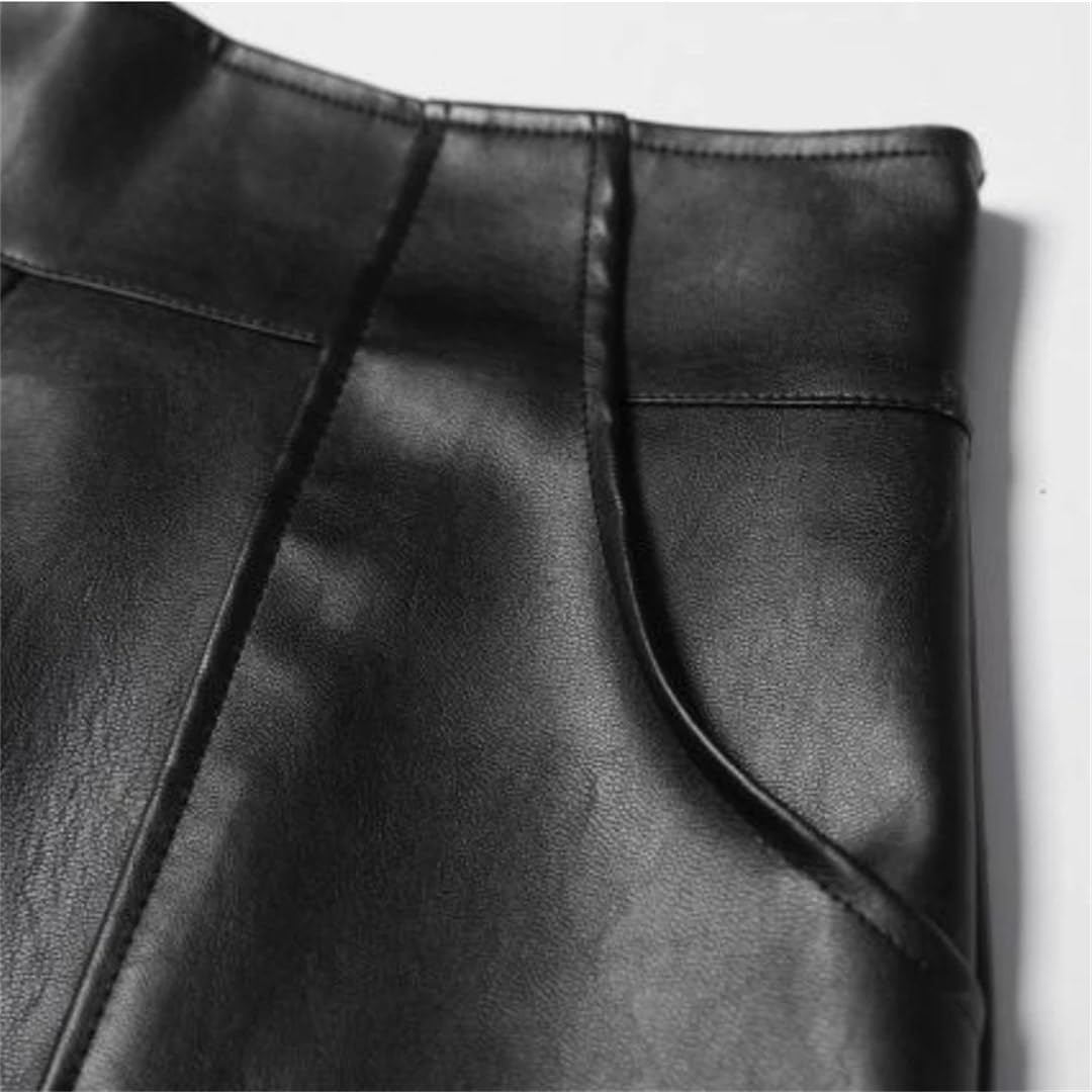 Suwequest Herbst A-Linie Midi PU Leder Röcke Hohe Taille Taschen Ausgestellt Knielang Schwarz Kunstleder Röcke