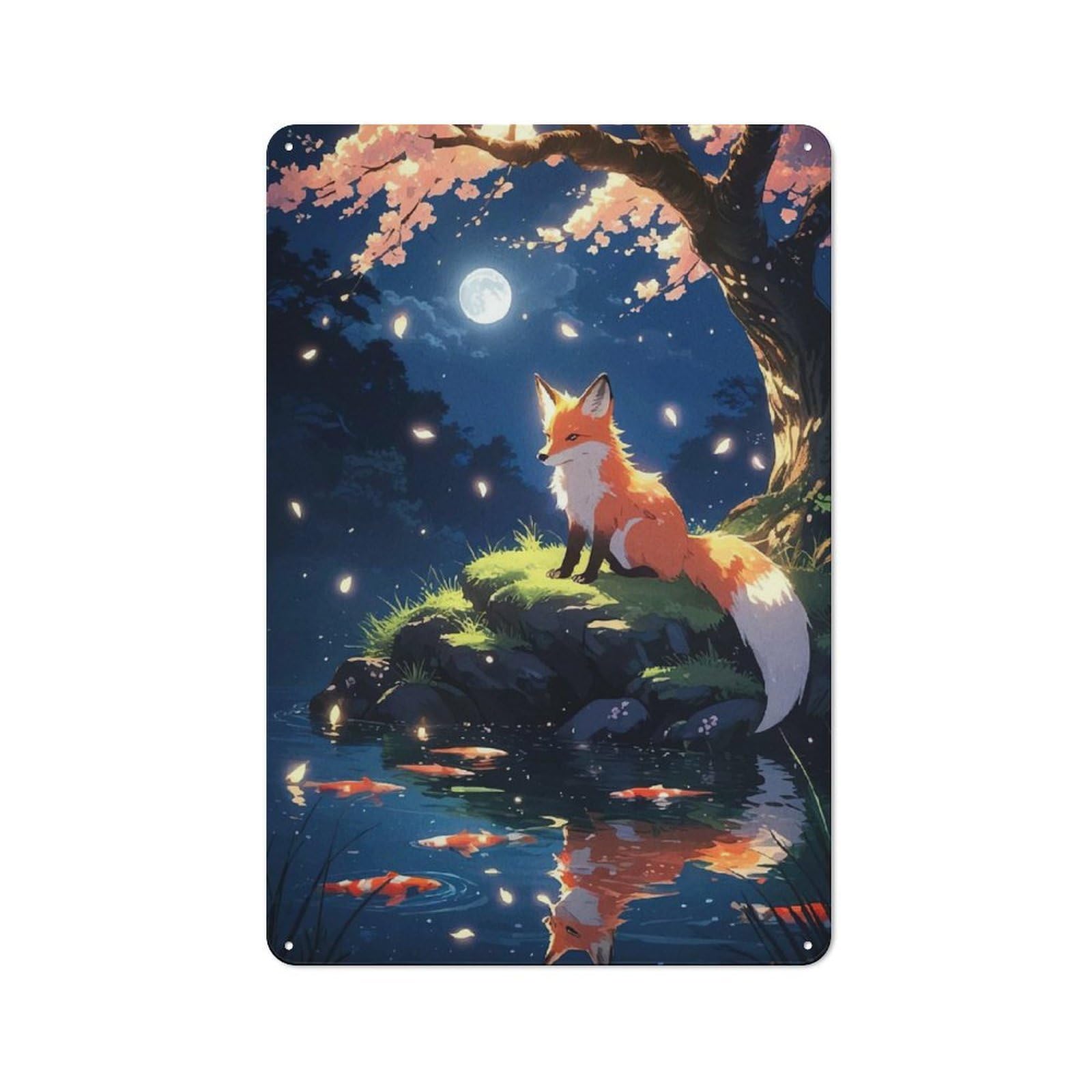 Junmoney Style-22 Vintage Tin Sign 30X20cm With Fox And Koi Pond Moonlight For Dining Room Or Kitchen, For Autumn Interiors With Vintage Character