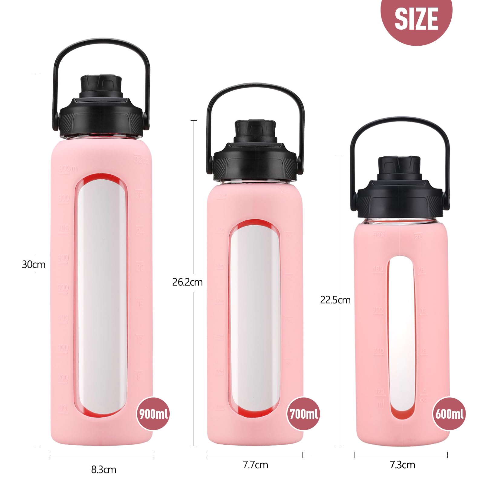 BLUEGO Borraccia in vetro da 600ml con cannuccia e 2 coperchi, tazza da caffè in vetro con custodia in silicone, senza BPA, Rosa