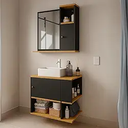 Conjunto Kit Gabinete Armário Balcão Aéreo Suspenso Lavabo Pia Banheiro Compacto 1 Porta Nicho Organizador com Espelheira Suspensa Parede Bancada Prateleira Espelho 1 Porta Deca Aqua (Preto/Freijó)
