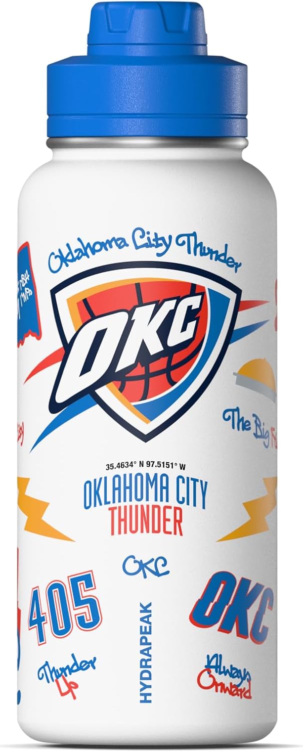 Hydrapeak x NBA Officially Licensed Oklahoma City Thunder 32 oz Active Water Bottle with Chug Lid Reusable Stainless Steel Double Wall Insulated Sports Gift, Celebrating The City Of Oklahoma