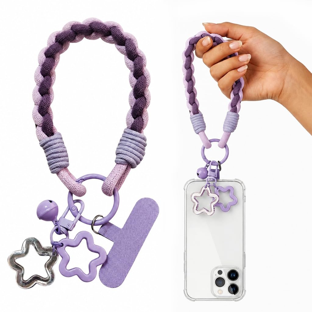 Colored Woven Phone Lanyard Wrist Strap with Bell Keychain Design, Exquisite Atmosphere, Colorful Short Wrist Rope, Anti-Lost Hand Strap Chain, High-Value Bag Keychain Additions-Purple-image-8