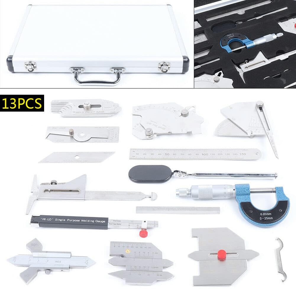 13 Piezas Soldadura Galga Kit De Herramientas, Acero Inoxidable Soldadura Medir Juego De Galgas, Soldadura Inspección Medidor Caja De Reglas Juego De Pruebas Con Espejo De Inspección