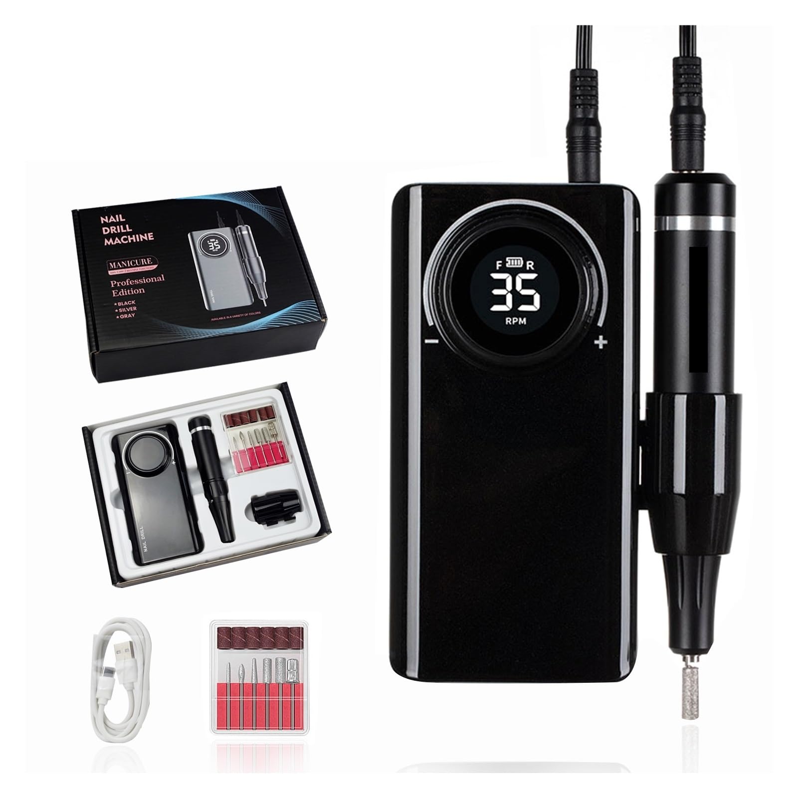 35000RPM wiertarka do paznokci z wyświetlaczem LCD, akumulatorowa żelu, profesjonalna frezarka manicure,Niski poziom hałasu(Grey-07)