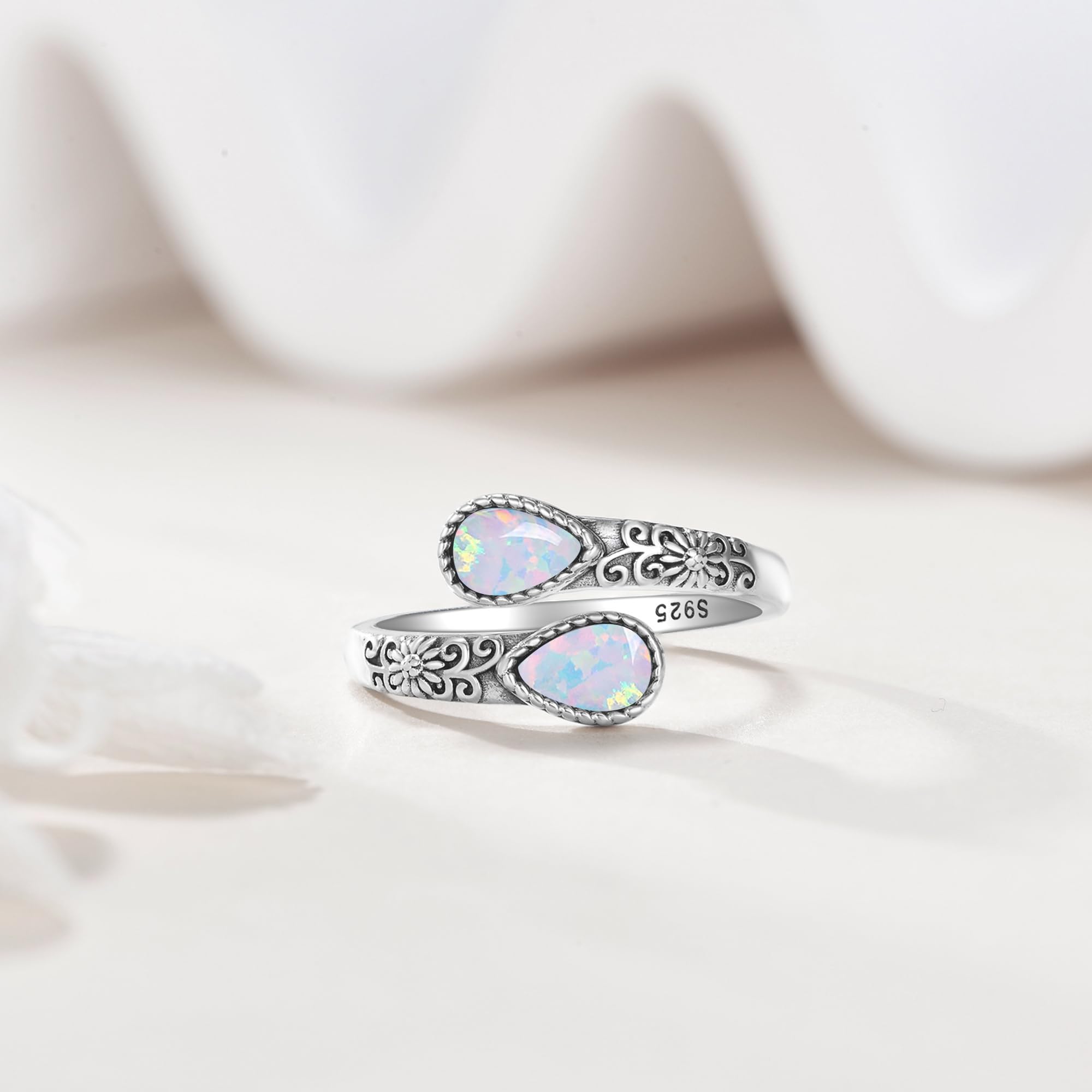 URONE 925er Sterlingsilber-Ringe mit weißem Opal für Damen Verstellbarer Sonnenblumen-Daumenring Vintage-Schmuck im Antiken Löffeldesign Geschenkidee