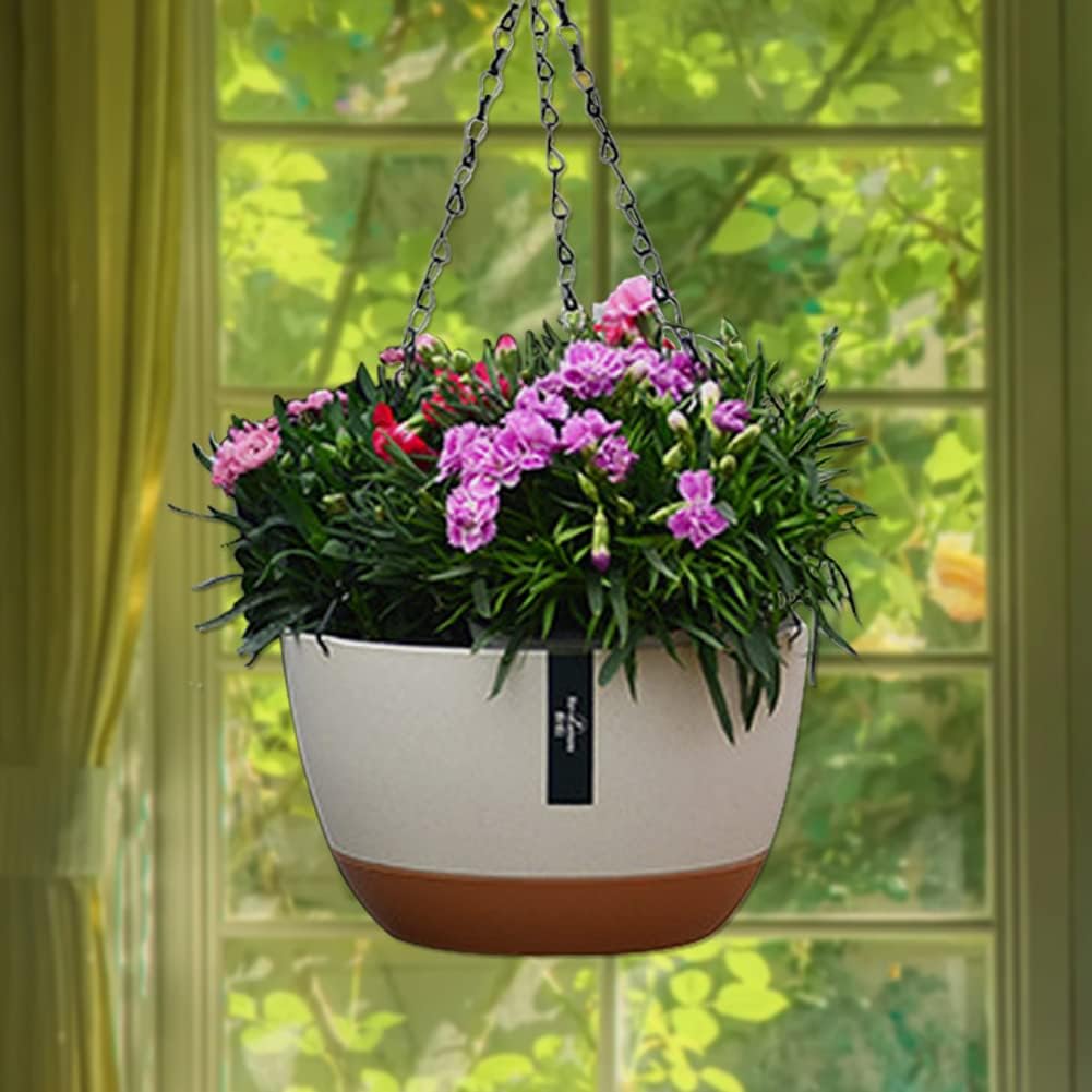 2 Pack Hanging Planters, 9.5 Inch Plastic Hanging Flower Pot Plant Basket with Drainage Holes, Self-Watering Hanging Flower Plant Pots with Removable Tray for Indoor Outdoor Plants