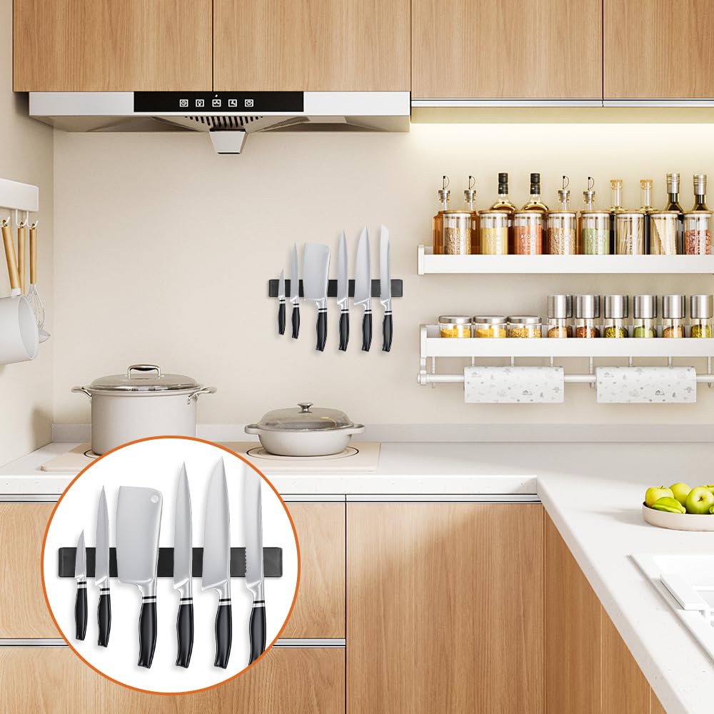 30 cm Portacoltelli Magnetico in Acciaio Inossidabile, Nero Barra Magnetica per Coltelli, Porta Coltelli Cucina, con Magnete Extra Forte, Senza Forare, per Assorbire Strumenti di Ferro, Cucchiai