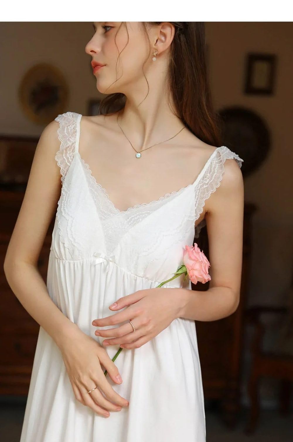 Camicia da Notte Donna - Tinta Unita Pizzo Scollo A V con Imbottiture per Reggiseno Indumenti da Notte in Cotone per Le Donne Elegante Abito da Casa Estivo Principessa Allentato