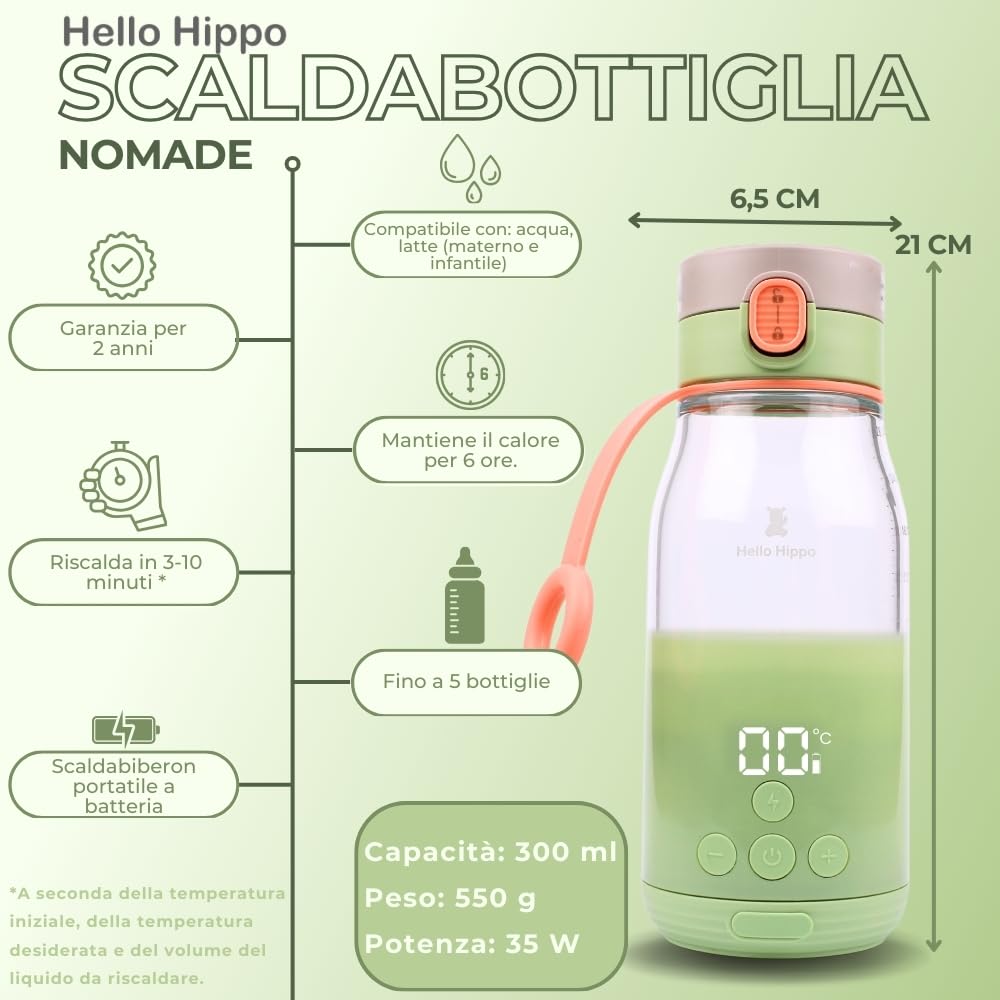 Scaldabiberon Nomade 300 ml – Senza fili, batteria ricaricabile USB, auto – temperatura regolabile 37 – 50 °C con mantenimento al caldo – Graduazione 30 ml – ideale per latte e acqua in viaggio