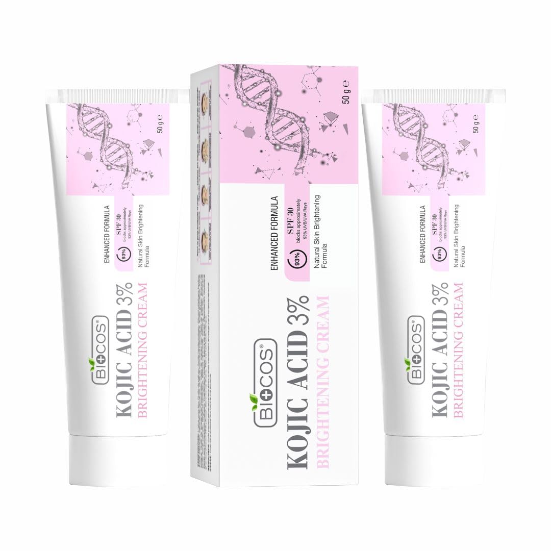 BIOCOS Kojic Acid Cream for Dark Spots & Hyperpigmentation – Skin Brightening & Acne Scar Removal with Glycolic Acid, Aloe Vera & Vitamin B5 – Face Cream for Even Tone – Pack of 2 – 50gm