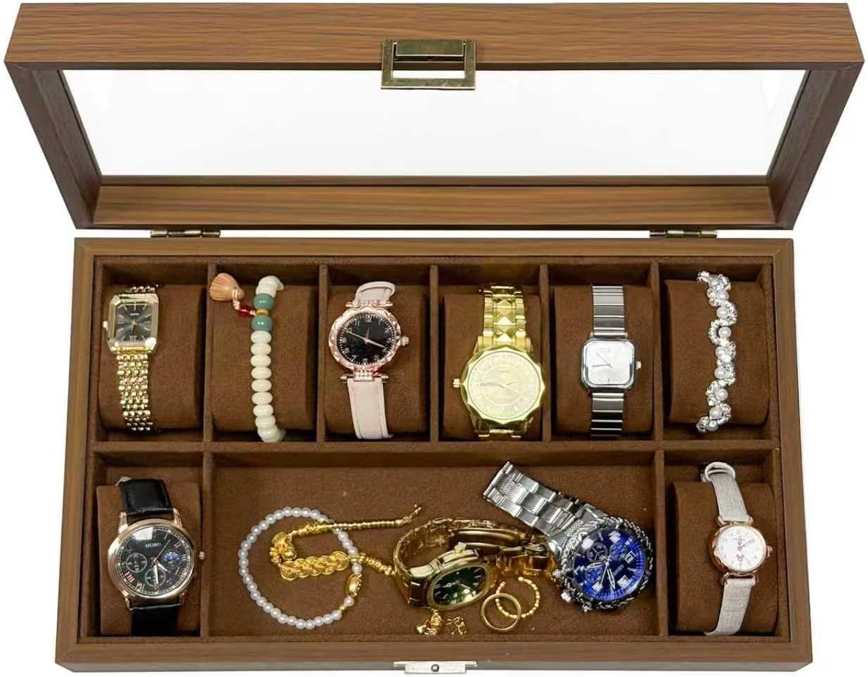 Men’s Watch Storage Box, Vintage Wood-Grain Watch Case with 8+1 Slots, Men’s Jewelry & Beaded Bracelet Display Organizer, Unisex Wooden Watch Box for Holiday Gifts