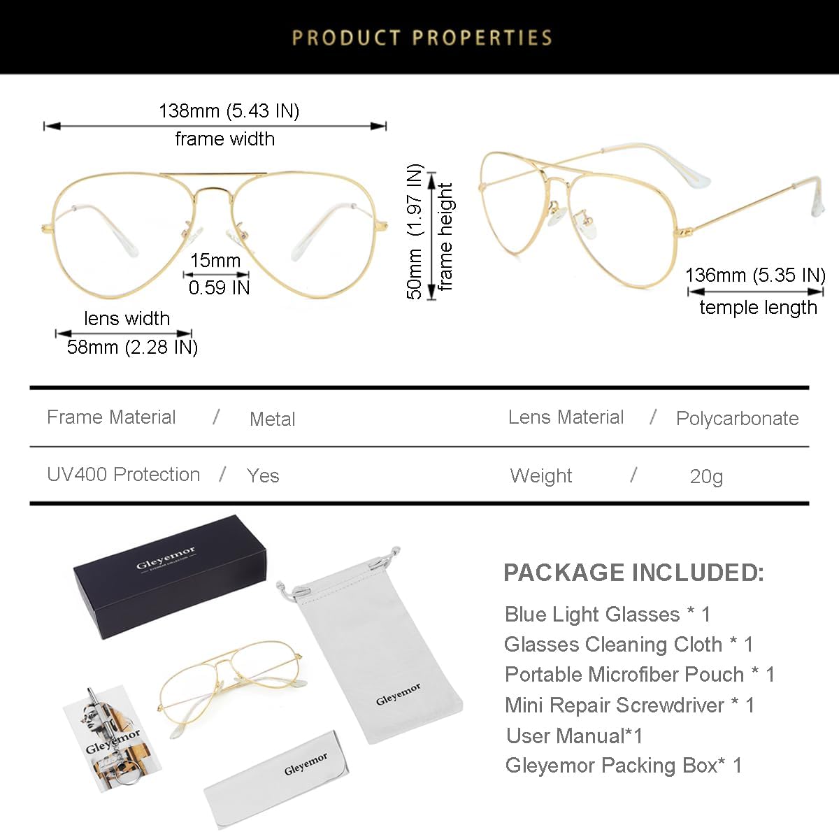 Gleyemor Blue Light Aviator Glasses for Women Men, Metal Frame Anti Blue Light Lens Computer Glasses - Image 6