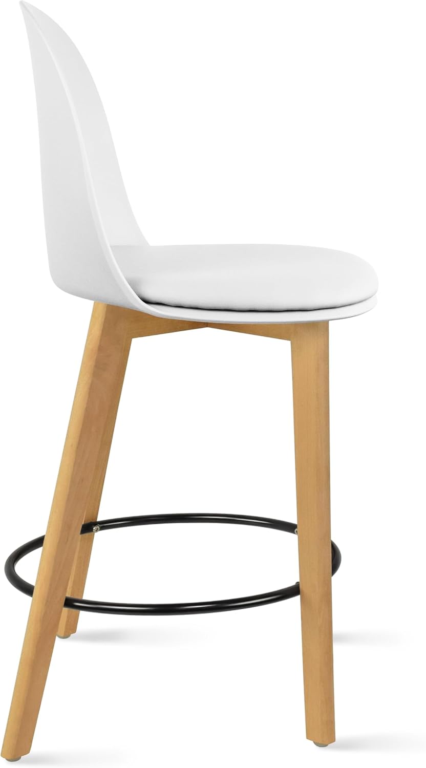 2xhome Set of 2 Counter Height Barstools | Mid Century Modern PU Leather Padded Seat | Solid Wood Legs with Round Metal Footrest | Kitchen Island Bar Chair | Non-Slip Feet, White