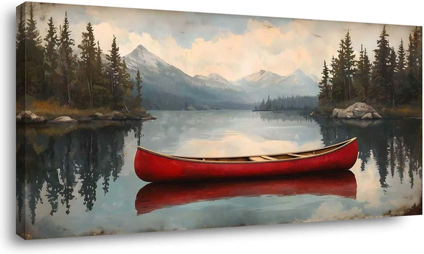 ZESTRILIA Red Canoe Lake Wilderness Wall Art for Living Room Alpine Tranquility Mountain Canvas Painting Prints Artwork Family Bedroom Office Decor (40x20 Inches)