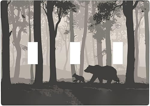 Placa de pared decorativa de 3 bandas con diseño de árbol de bosque de oso animal, cubierta de interruptor de luz para baño, cocina, sala de estar,