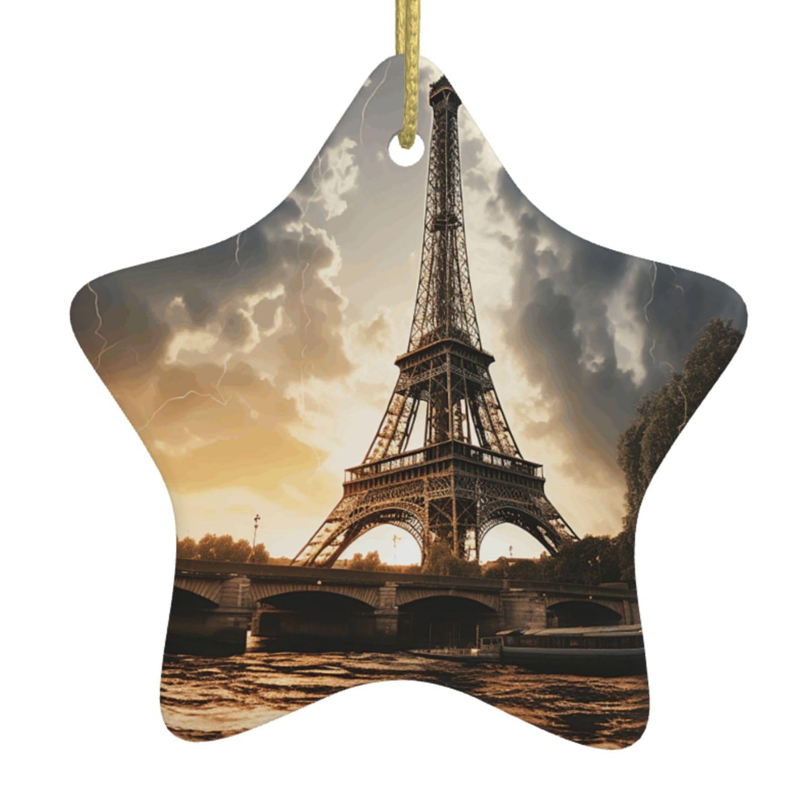Ceramic Christmas Tree Hanging Ornaments with Gold Ropes Christmas Tree Decorations Star Ceramic Eiffel Tower Pendant Keepsake Decorations for Holiday Xmas Gift Ideas