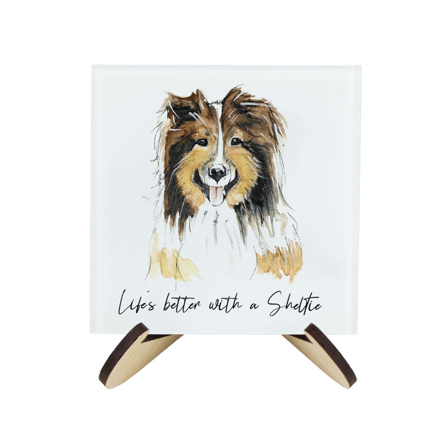 Sheltie Coaster Set - Life's Better With a Dog Gift - Square Glass Set of Four (4) Coasters & Wood-Effect Stand