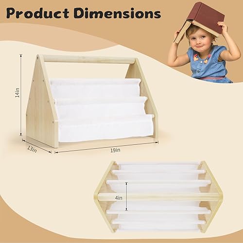 Miniatura 2 de 19" Toddler Bookshelf, 6-Tier Double-Sided Kids Bookshelf, Montessori Bookcase for Toddlers with Deep Fabric Pockets, Natural Wooden Toy Storage