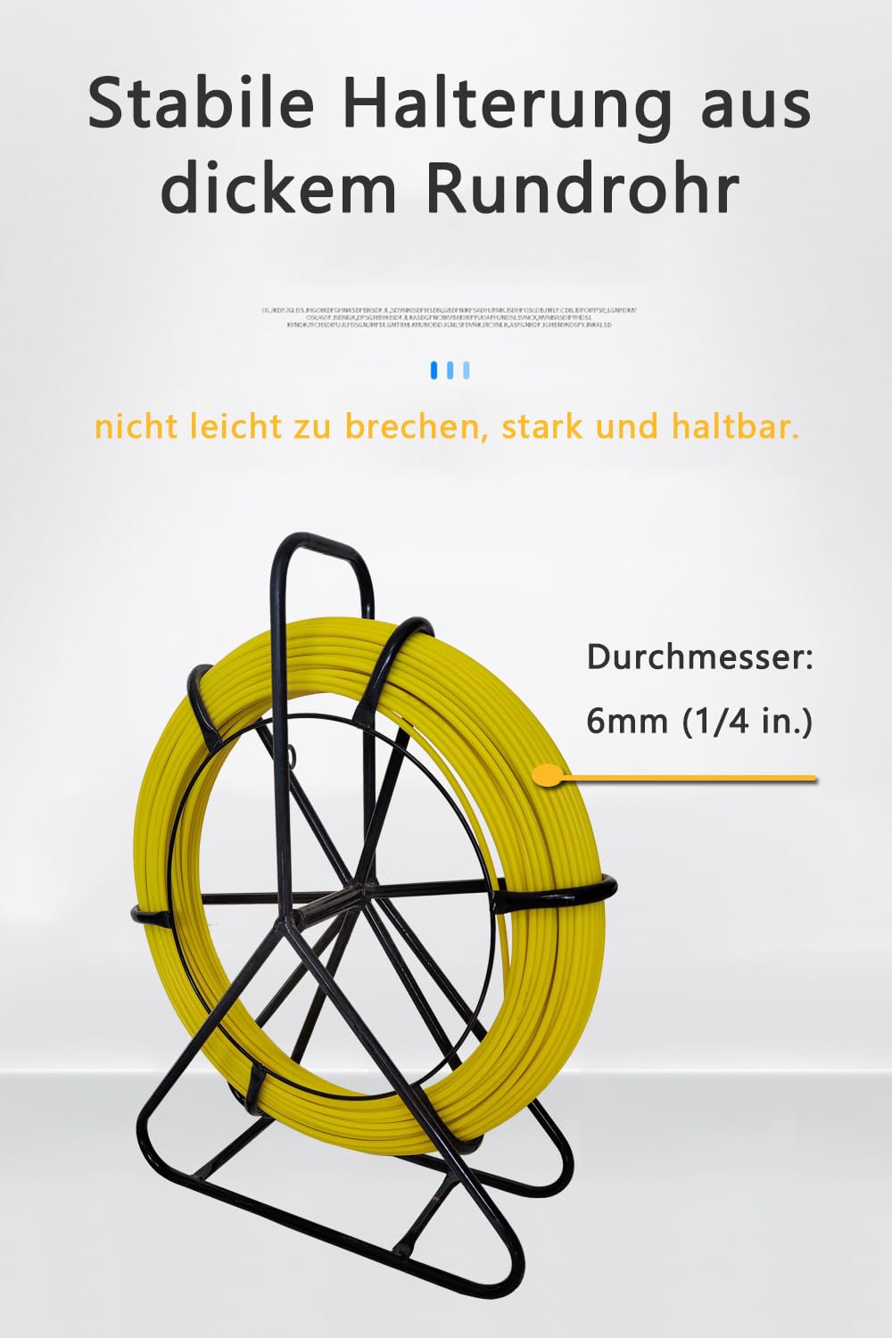 Glasfaser Einziehband 100m, Gelbes Fiberglas-Zugband 6mm mit Stahlgestell, Rodagezügel für Kabelverlegung ohne Bremse (6mm x 100m)