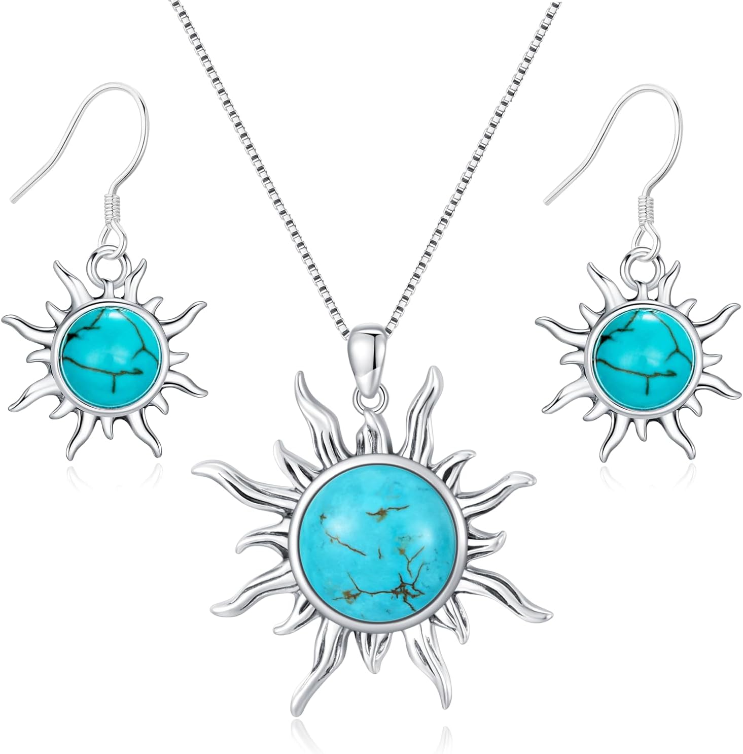 Genuine Sun Turquoise Jewelry Set for Women, Sterling Silver Native American Neckace and Dangle Earings Western Jewelry Birthdays Gift