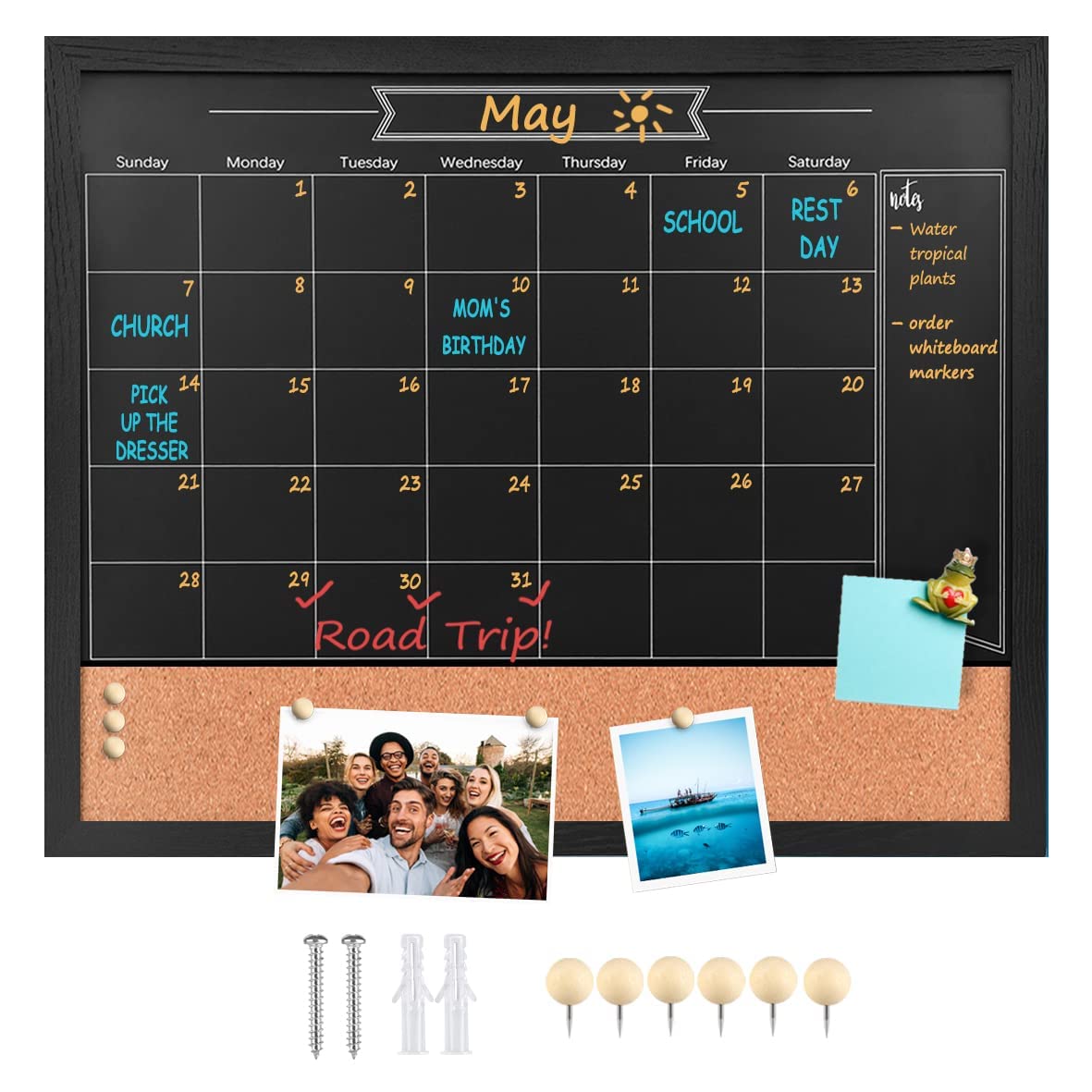 Umtiti Chalkboard Calendar and Bulletin Combo Board. 18" x 22" Black Wooden Frame，Magnetic Chalkboard.Perfect for Office, Home School Message Board，