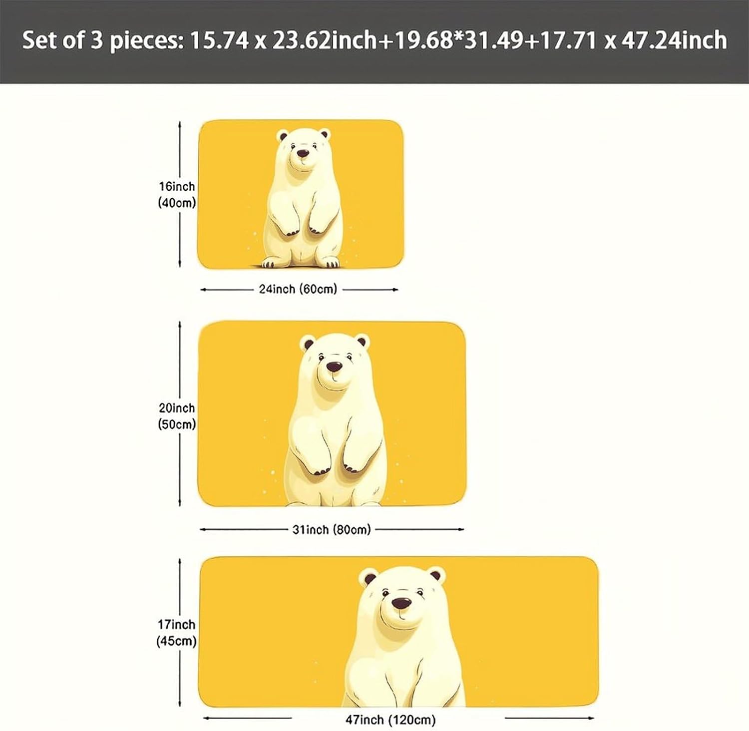 Cute Cartoon Polar Bear Kitchen Mats for Floor 3 Pcs Kitchen Rugs