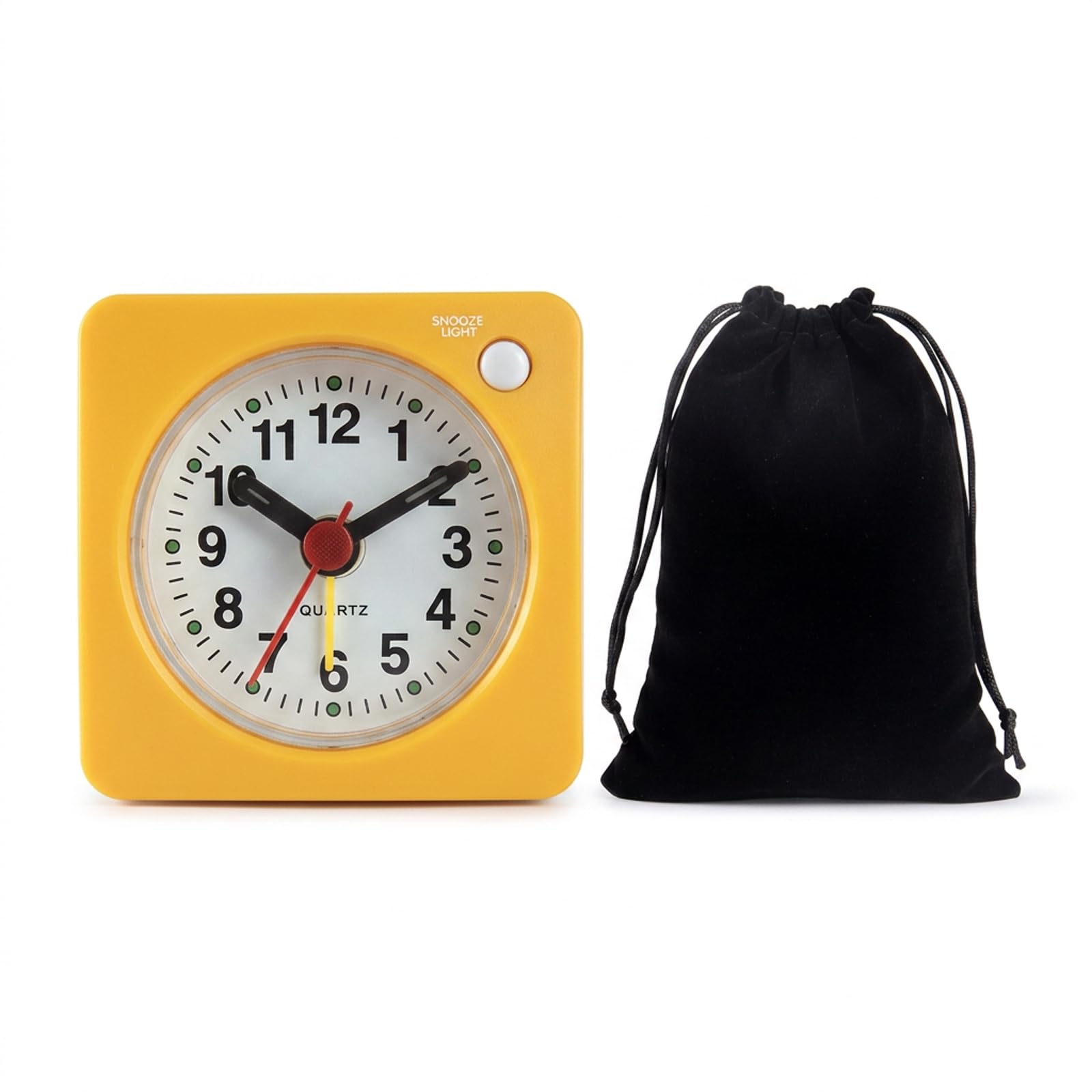 QhgPnt Travel Alarm Clock, Mini Alarm Clock for Travelers, Small Alarm Clock with Silent Operation for Heavy Sleepers, Glow in the dark, 6 cm Yellow Clock with Drawstring Bag