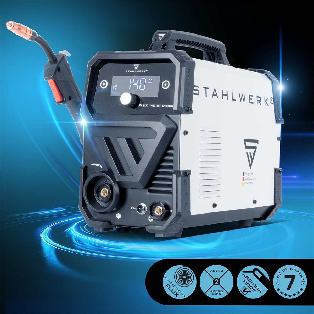 STAHLWERK Soldadora FLUX 140 ST Digital – Soldadura con hilo hueco sin gas protector hasta 140 A, compacta, avance de hilo sinérgico, luz LED integrada, función Lift-TIG & MMA (Electrodo/ARC), IGBT