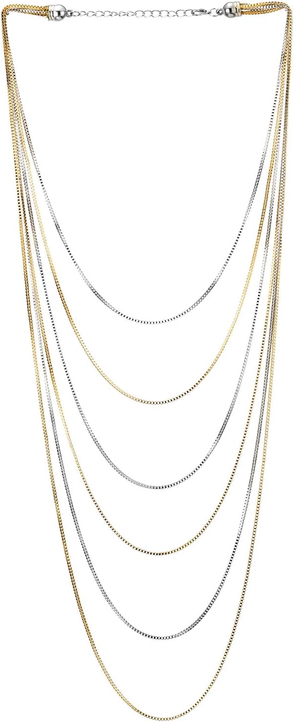 COOLSTEELANDBEYOND Multi-Strand Waterfall Statement Necklace Choker Collar Box Chains, Dress Party Fashion