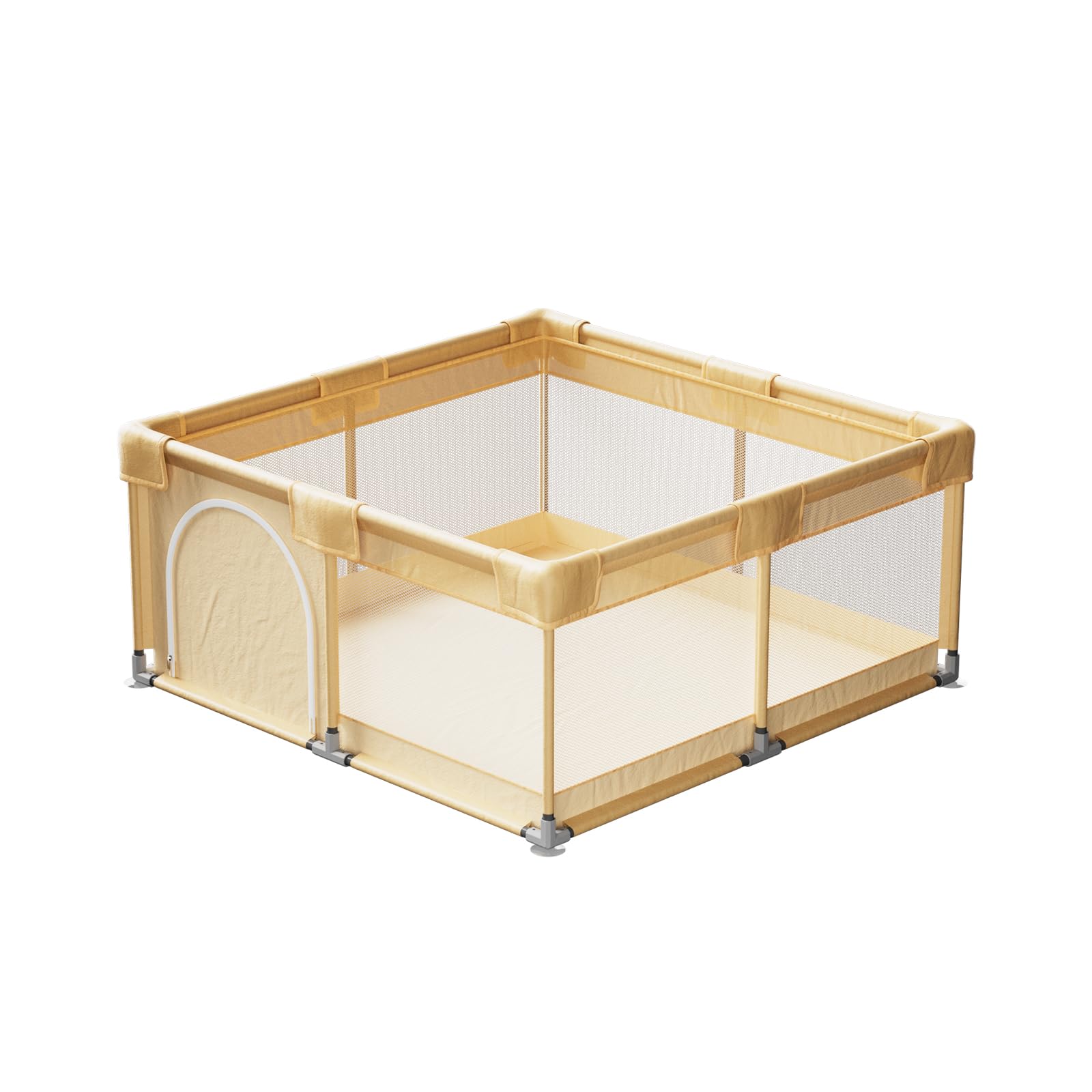 Koonmi Parc pliable pour bébé - 150 x 150 cm - Beige | Filet respirant avec tissu et ventouses, aire de jeu pliable pour bébés et tout-petits, intérieur et extérieur