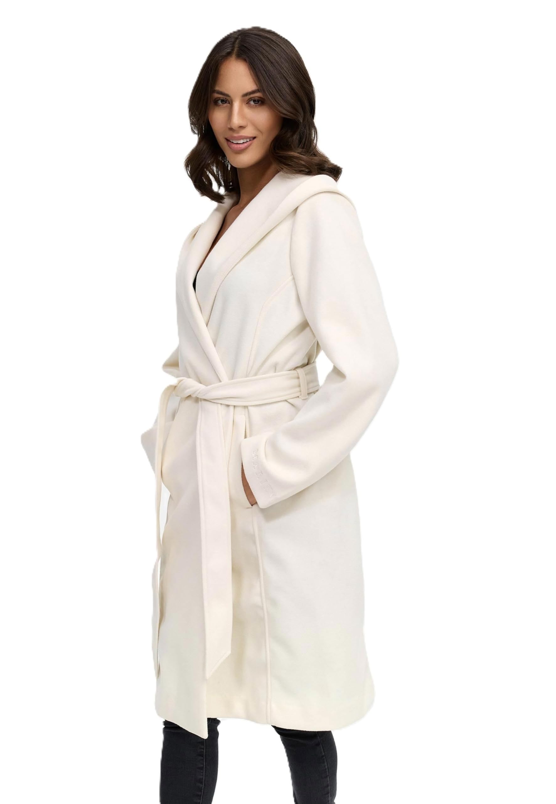 MARIKOO Dames Overgangsmantel (XS-3XL) - Elegante wikkelmantel met tailleriem, oversized capuchon, warme damesjas - N046, zwart, XL