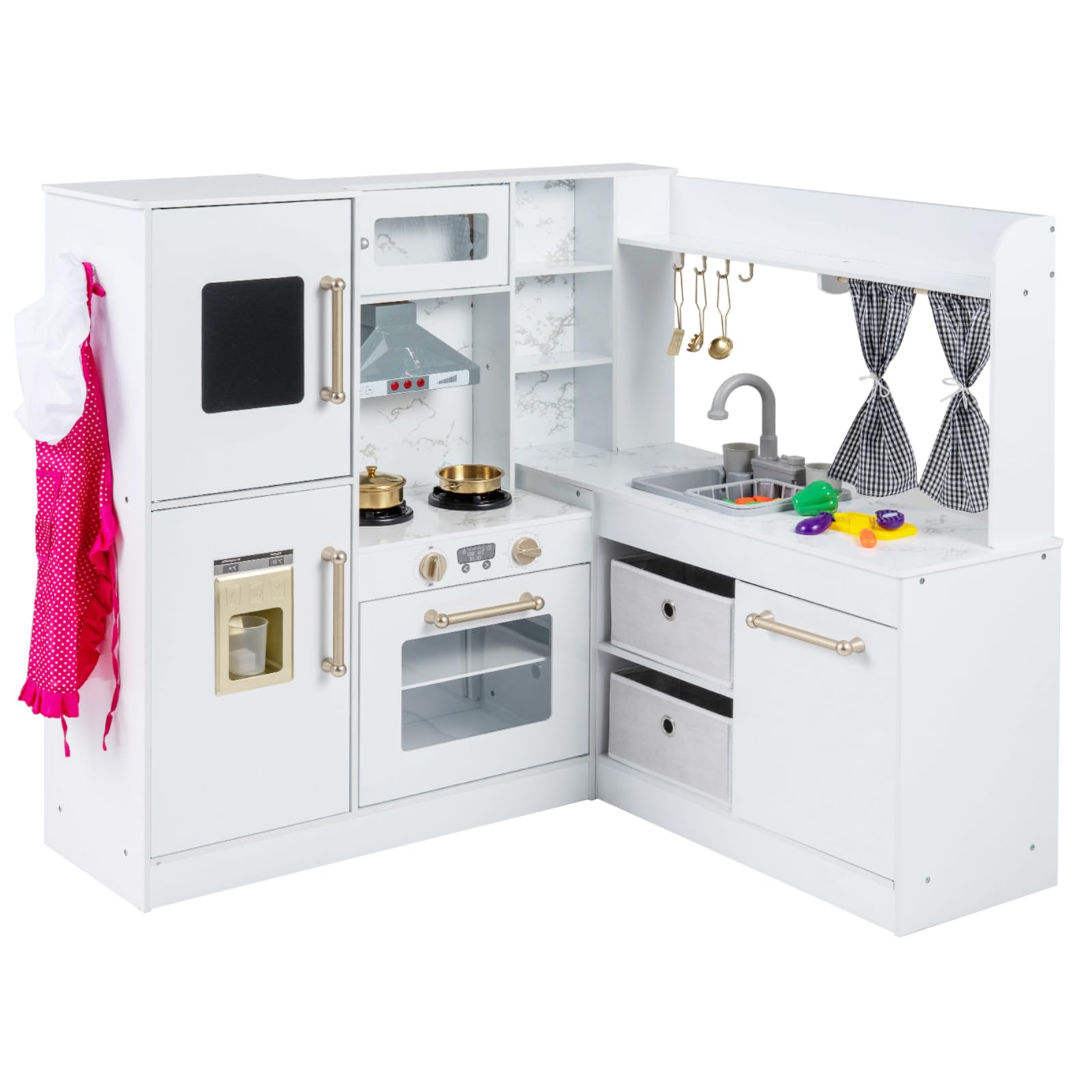 Maxmass Kids Corner Kitchen, Wooden Children Play Kitchen with Lights, Sounds, Water Circulation System, Ice Maker, Chalkboard, Telephone, Role Play Kitchen Pretend Cooking Set for Boys Girls (White)