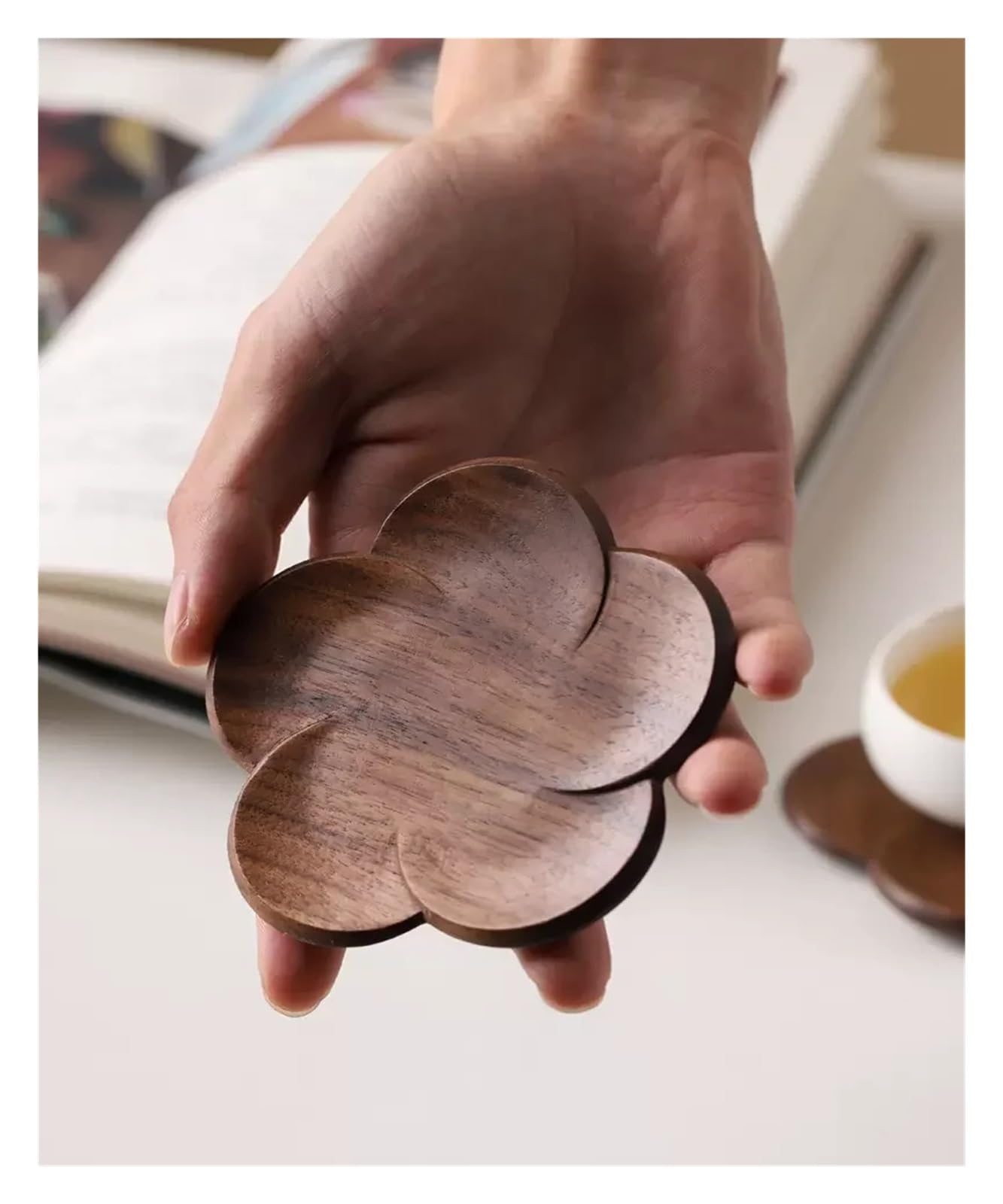 Posavasos de Madera Maciza con rodajas de raíz de Loto de Nogal Negro, Almohadilla Aislante Creativa, Taza de té de Madera antiescaldaduras(Style02 2PC)