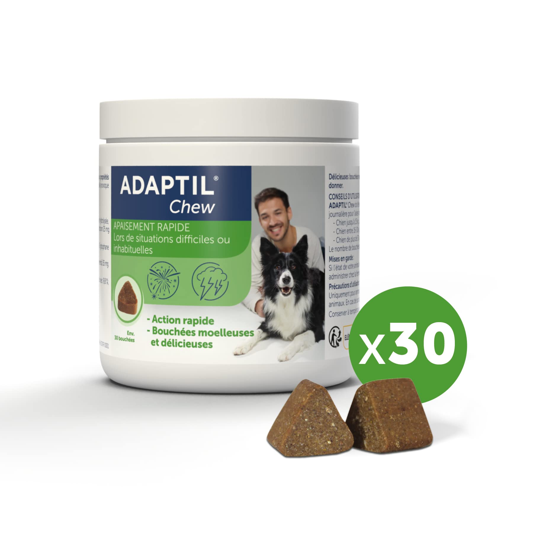 ADAPTIL Chew - Bouchées Anti-Stress pour Chiens – Action Rapide dès 30 Minutes - Ingrédients naturels – 30 bouchées délicieuses – sans Somnolence