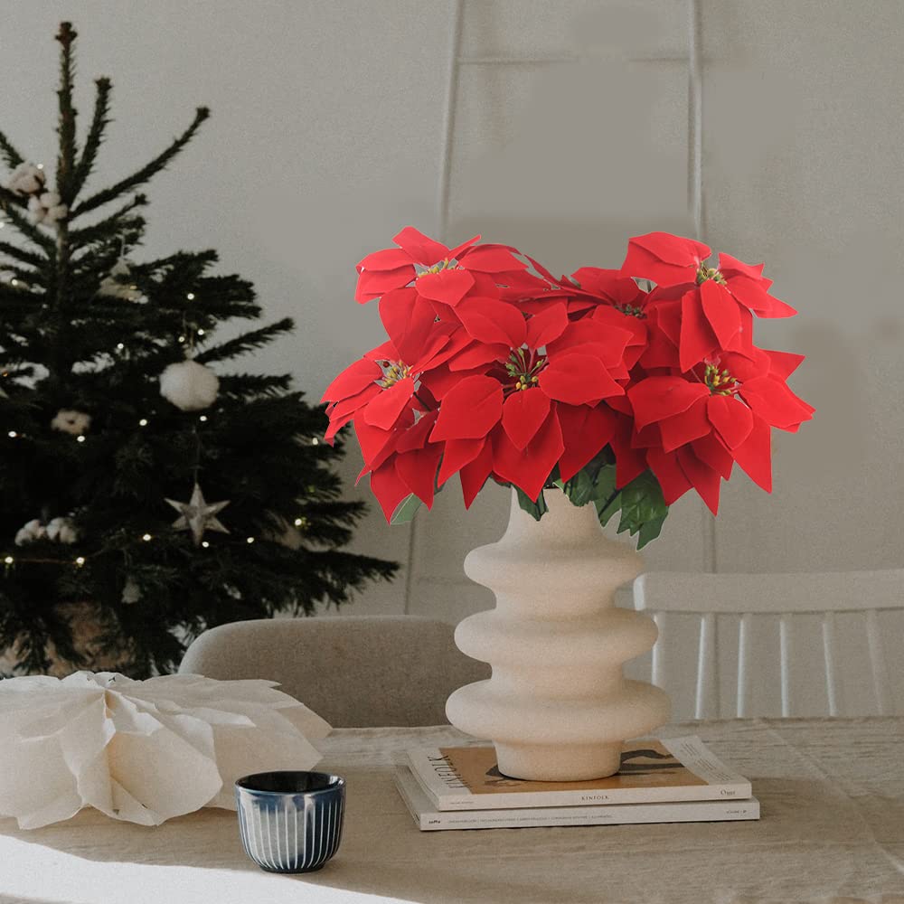 FERIAL 2 Stück Weihnachtsstern-Blumen, künstliche Weihnachtsblumen, rot, 5 Köpfe, Seide, Weihnachtsstern, Blumenstrauß, künstliche Blumen für Weihnachten, Party, Urlaub, Blumenarrangements,