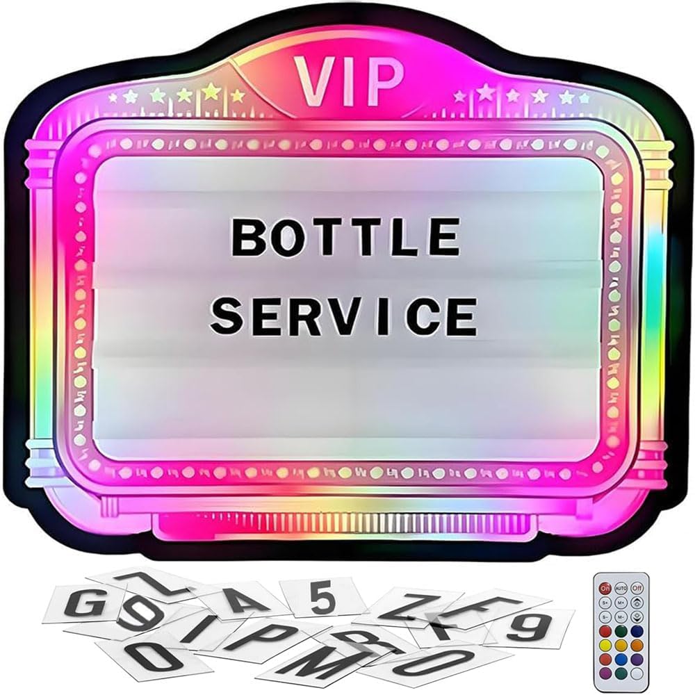 VIP Bottle Service Sign for Clubs - Professional LED Display Board with Remote Control, Changeable Cards & 6 Light Modes, Tool-Free Setup for Bottle Girl & Presenter, Bar, Nightclub, Wedding, Parties