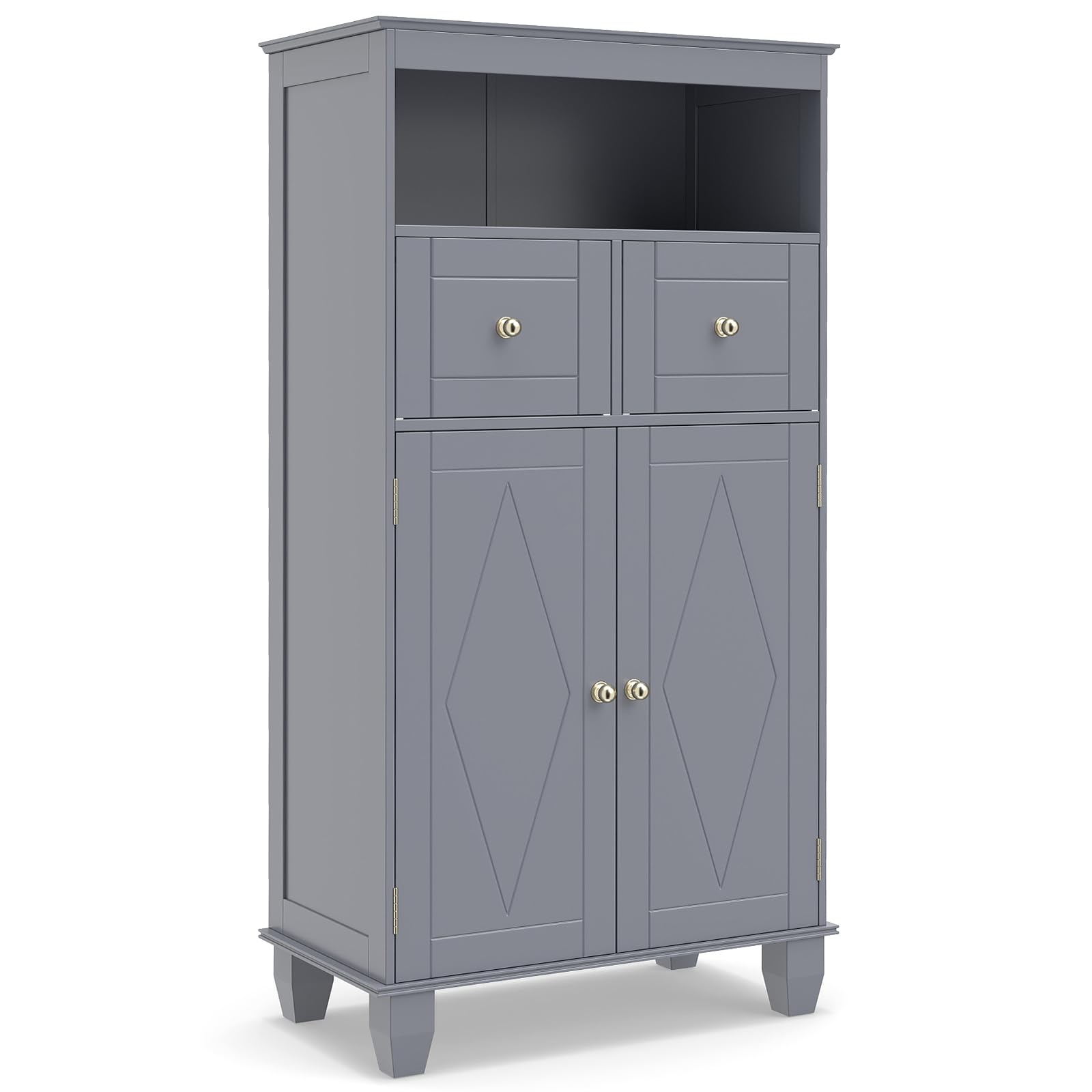 COSTWAY Bathroom Floor Cabinet, 108cm Freestanding Storage Cupboard with 2 Doors, 2 Drawers and Open/Adjustable Shelves, Solid Wood Legs Bathroom Unit Cabinet Sideboard for Living Room Kitchen (Grey)