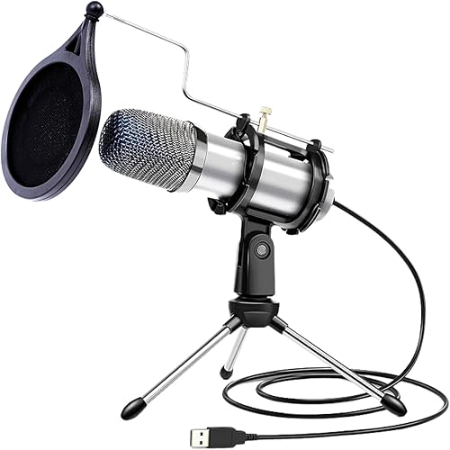 Omnidirectional Condenser Microphone for Computer - USB Podcast Microphone for Streaming Mic - Computer Microphone for Desktop - Recording Microphone for Singing with Pop Filter, Shock Mount & Tripod