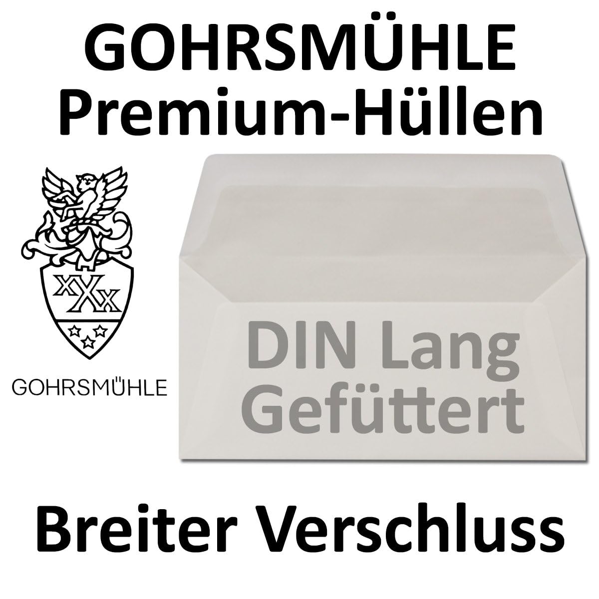 400 Stück ZANDERS GOHRSMÜHLE Feinstpapier Briefumschläge DIN Lang, Weiß | breite Verschlussklappe - Seidenfutter hellgrau - Grammatur: 80 g/m² Nassklebung - 22 x 11 cm