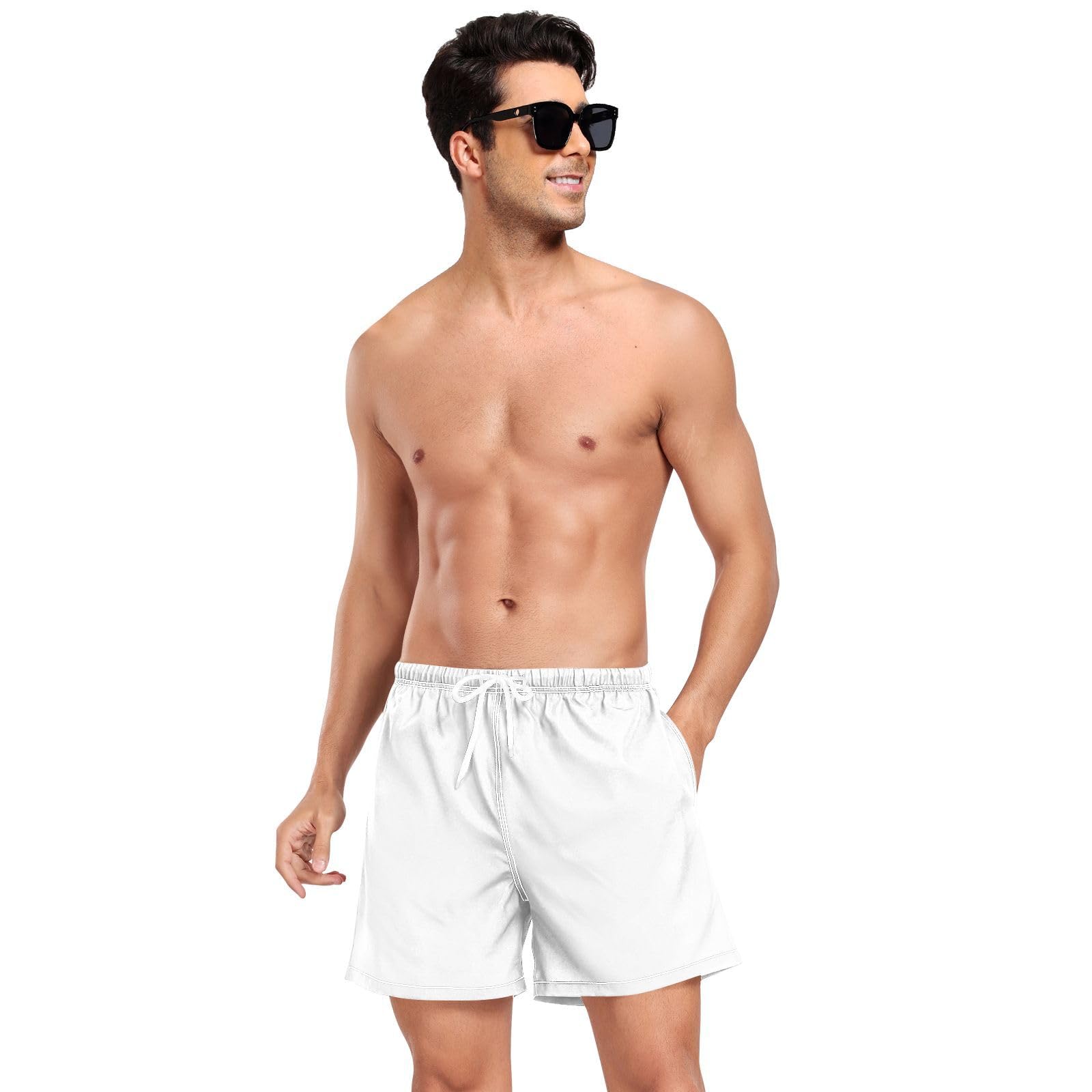 White Neutral Solid Color Pure PlainMen Beach Shorts Men's 2 Layer Workout Shorts with Compression Liner Inseam Board Shorts Lightweight
