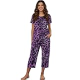 Yuuxorilu Women's Pajama Sets Casual Short Sleeve Sleepwear with Shirts and Capris Pants